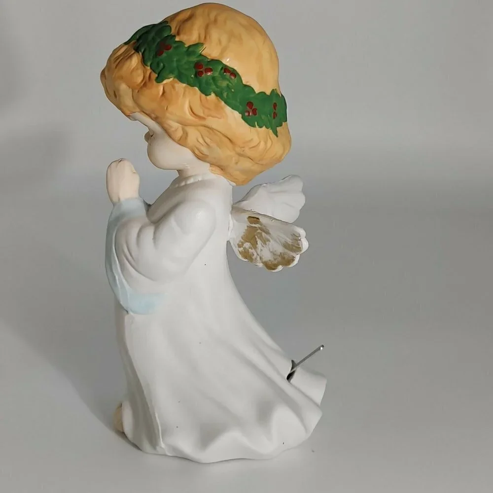 Vintage Christmas Guardian Musical White Angel Holiday Porcelain Figurine